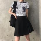 Printed Short-sleeve T-shirt / Buckle-accent Mini Skirt