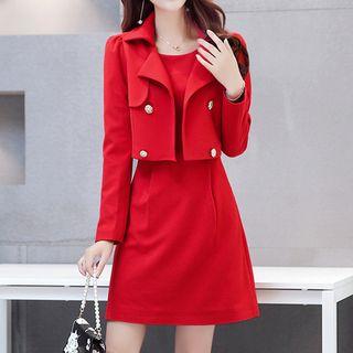 Set: Long-sleeve Lace A-line Dress + Jacket