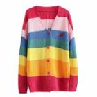 Heart Embroidered Striped Cardigan Red & Yellow & Blue & Pink - One Size