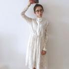 Long-sleeve Gather-waist Lace Midi Dress