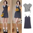 Short-sleeve Drawstring T-shirt / Floral Mini Overall Dress / Set