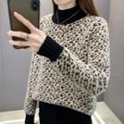 Mock-neck Leopard Panel Knit Sweater