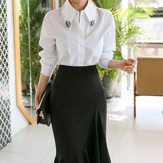 Wide-collar Plain Cotton Shirt