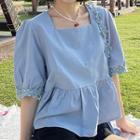 Set: Short-sleeve Floral Applique Smocked Top + Crossbody Bag