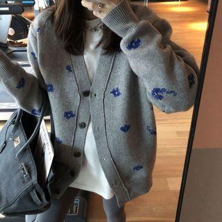 Pattern V-neck Cardigan Gray - One Size