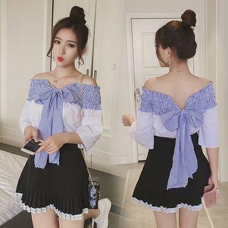 Pinstriped Panel Off Shoulder 3/4 Sleeve Top