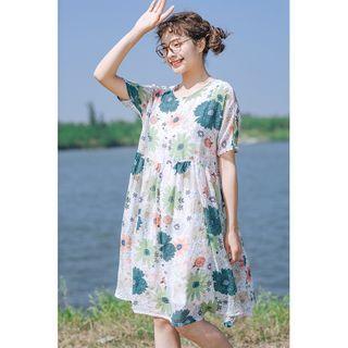 Set: Floral Short-sleeve A-line Dress + Slipdress