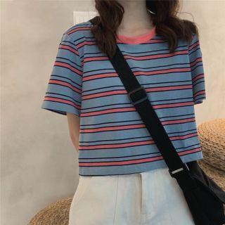 Short-sleeve Round Neck Stripe Crop T-shirt