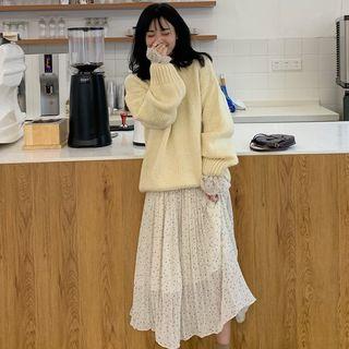 Plain Sweater / Long-sleeve Dotted Midi A-line Dress/ Long-sleeve Midi A-line Lace Dress