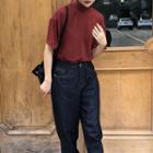Elbow-sleeve Mock-neck T-shirt / High-waist Wide-leg Jeans