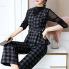 Set: Glitter Mesh Top + Belted Pattern Vest + Cropped Wide Leg Pants