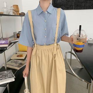 Elbow-sleeve Shirt / Tie-waist Midi A-line Skirt