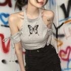 Short-sleeve Cold Shoulder Butterfly Print Crop T-shirt