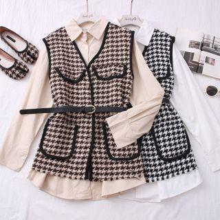 Set: Plain Long Shirt + Houndstooth Vest With Belt