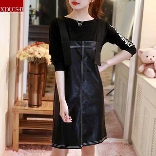 Set: Letter Long-sleeve Top + Faux Leather Sleeveless Dress