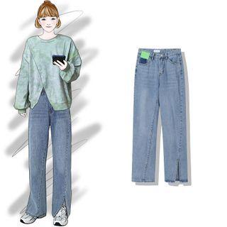Asymmetrical Sweatshirt / Side-slit Straight Leg Jeans
