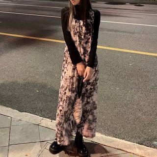 Plain Blazer / Printed Sleeveless Maxi Shift Dress