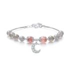 925 Sterling Silver Rhinestone Moon & Bead Bracelet Pink - One Size