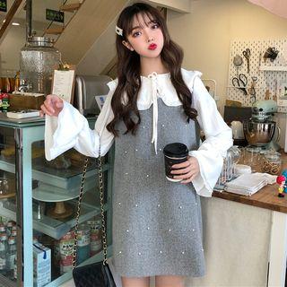 Frill-trim Tie-neck Blouse/ Beaded Mini Pinafore Dress