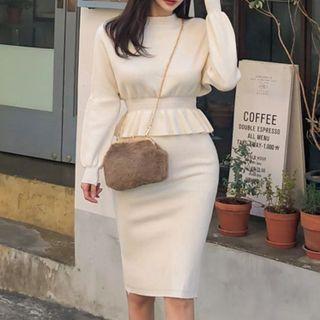 Set: Mock-neck Knit Top + Fitted Skirt Set - Beige Almond - One Size