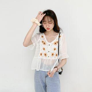 V-neck Mock Two-piece Embroider Floral Mesh Top