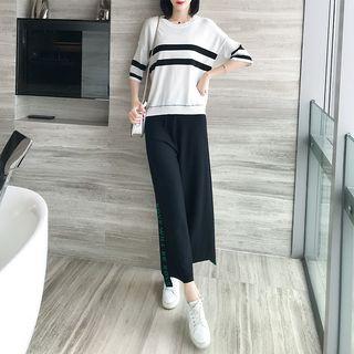 Elbow-sleeve Two-tone T-shirt / Cropped Wide-leg Pants / Set