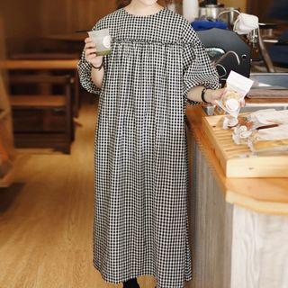 Puff Sleeve Frilled Plaid Oversized Dress Black & White - One Size