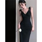 Sleeveless V-neck Plain Slim-fit Midi Dress Black - One Size