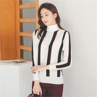 Turtle-neck Stripe-trim Knit Top
