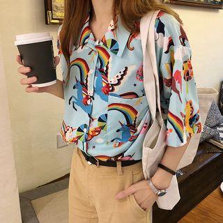 Elbow-sleeve Printed Shirt Light Blue - One Size