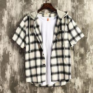 Hood Short-sleeve Plaid Shirt