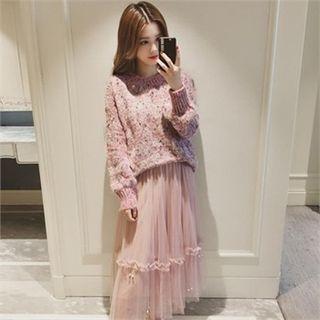 Faux-pearl Beaded Tulle-overlay Long Skirt