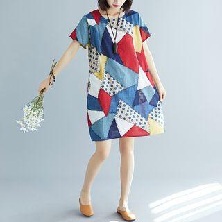 Short-sleeve Printed Mini Dress As Shown In Figure - One Size