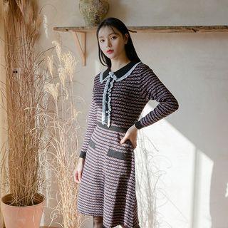 Contrast Frill-trim Patterned Knit Dress Navy Blue - One Size