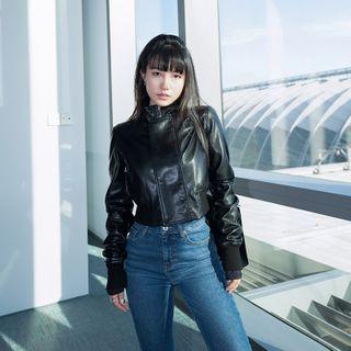 Mock-neck Leather Long-sleeve Jacket