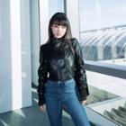 Mock-neck Leather Long-sleeve Jacket