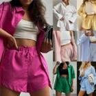 Set: Long-sleeve Shirt + High-waist Drawstring Shorts