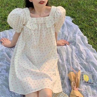 Puff-sleeve Floral Chiffon Dress Floral Dress - One Size
