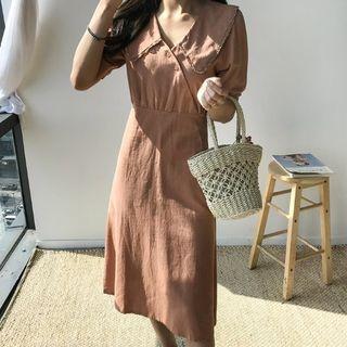 Puff-sleeve Diagonal-button Dress