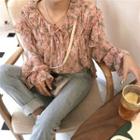 Floral Frilled Long-sleeve Loose-fit Blouse Pink - One Size
