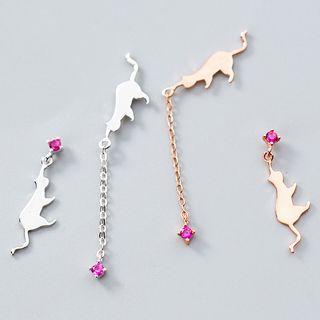 Non-matching 925 Sterling Silver Rhinestone Cat Dangle Earring