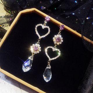 Rhinestone Heart Drop Earring 1 Pair - Silver Stud - Purple & Gold - One Size