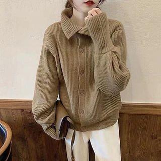 Polo Long-sleeve Plain Knit Cardigan