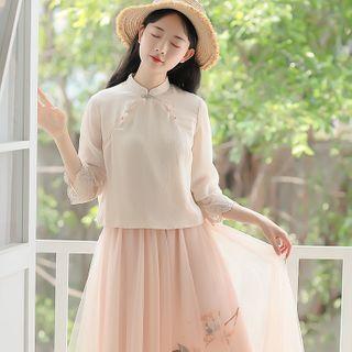 Set: Mandarin Collar 3/4-sleeve Top + Midi A-line Mesh Skirt
