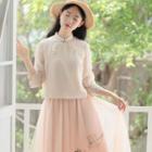 Set: Mandarin Collar 3/4-sleeve Top + Midi A-line Mesh Skirt
