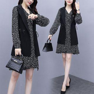 Set: Double-breasted Vest + Long-sleeve Floral Print A-line Dress