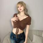 Mock Two-piece Short-sleeve Drawstring Crop Top