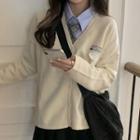 Set: Shirt + Plaid Neck Tie + Label Applique Cardigan