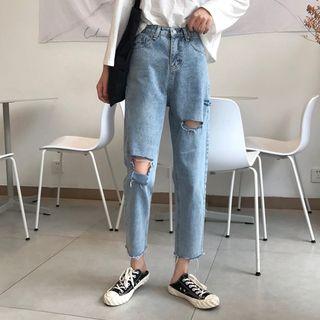 High-waist Distressed Straight-leg Jeans