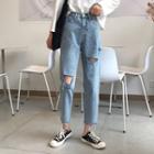 High-waist Distressed Straight-leg Jeans